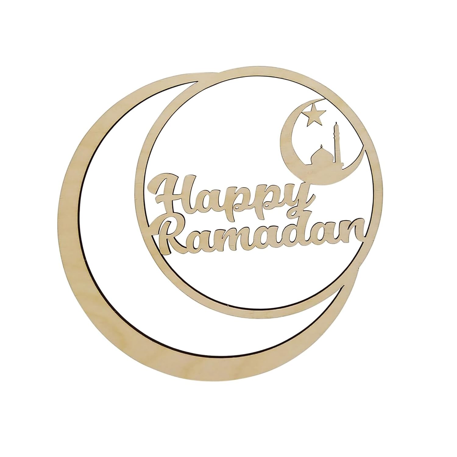 Decorative sign with 'Happy Ramadan' text and crescent moon design on a white background
