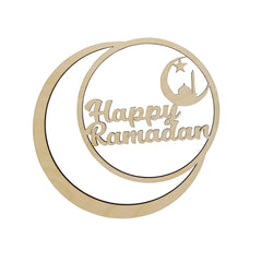 Decorative sign with 'Happy Ramadan' text and crescent moon design on a white background