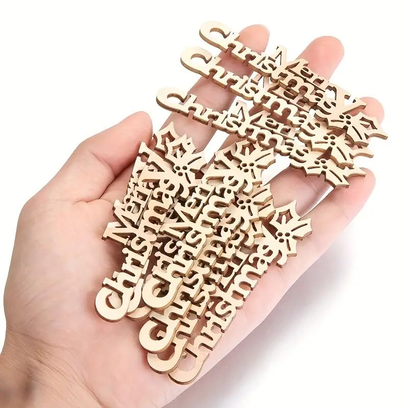 Hand holding wooden Christmas ornaments with 'Merry Christmas' text