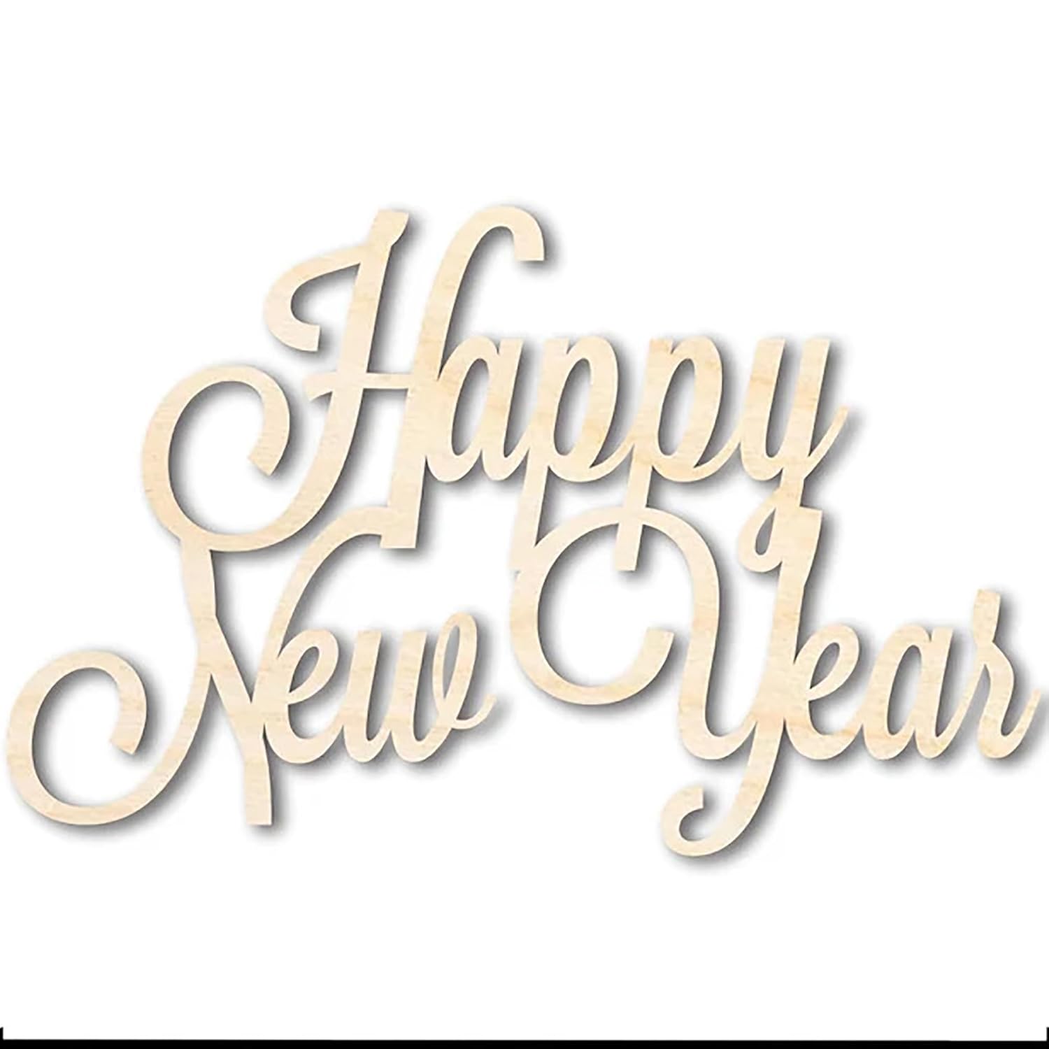 Wooden decorative sign with 'Happy New Year' text on a white background