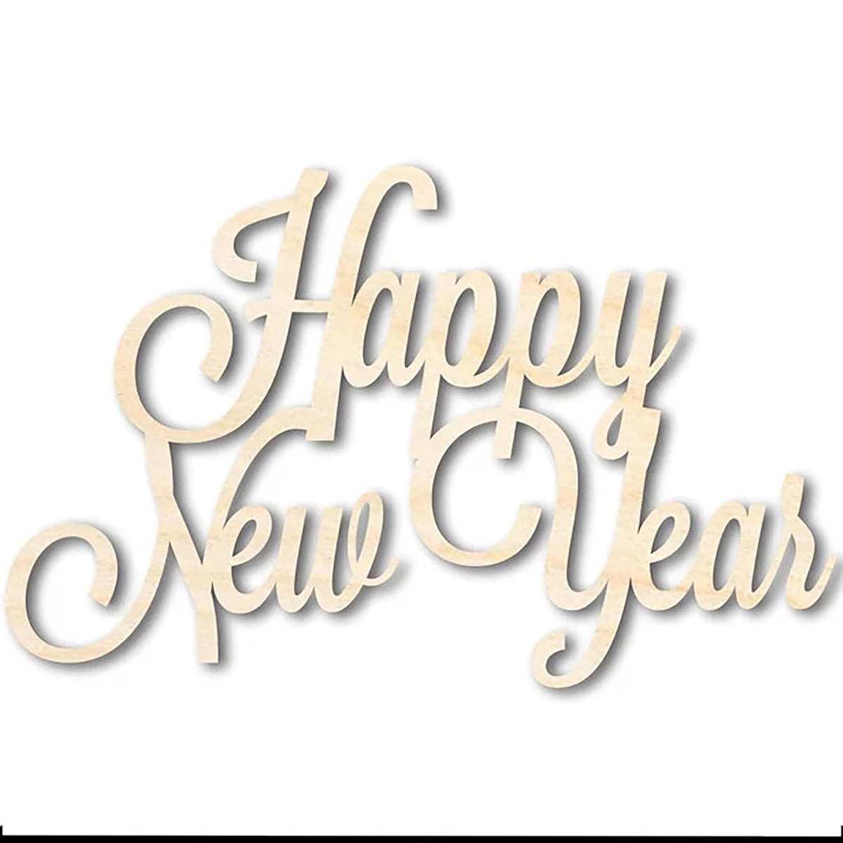 Wooden decorative sign with 'Happy New Year' text on a white background