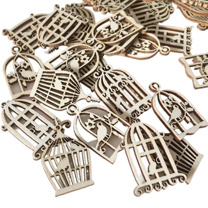 Wooden birdcage decorations on a white background