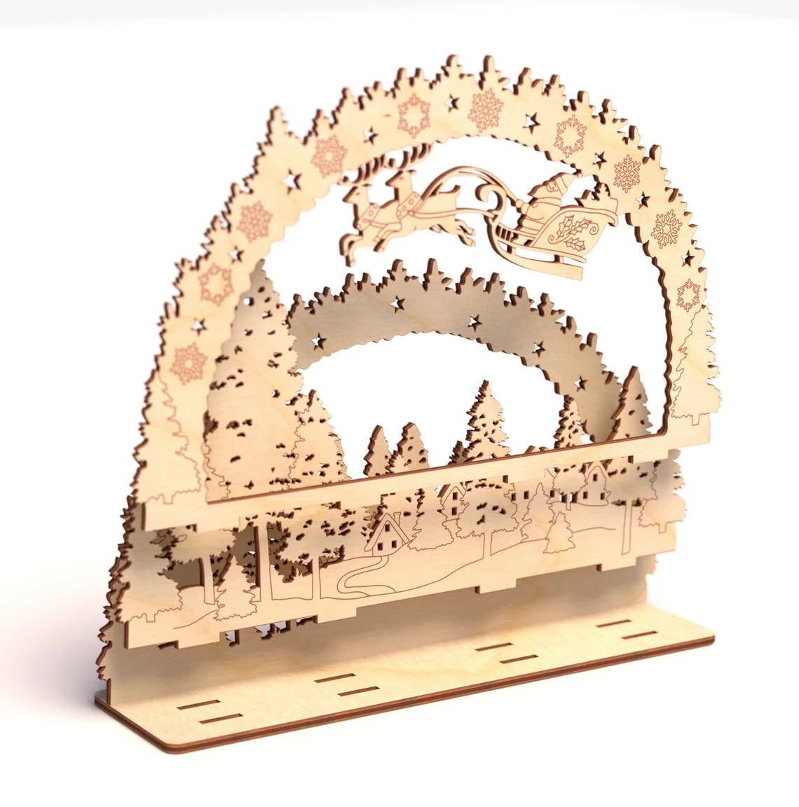 Wooden arch with laser-cut design on a white background