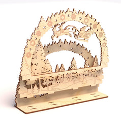 Wooden arch with laser-cut design on a white background
