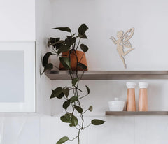 Shelving unit with a plant, decorative fairy figure, and kitchen items on a white wall.