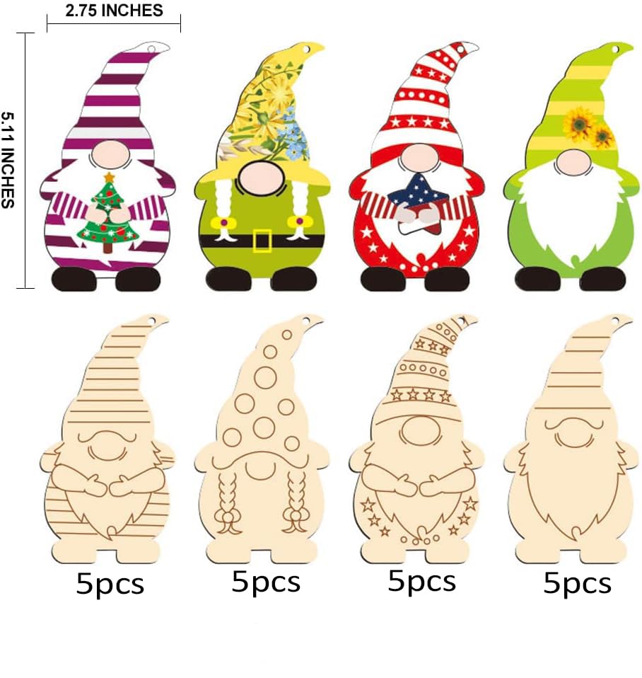 Set of wooden gnomes with various designs and colors, including measurements.