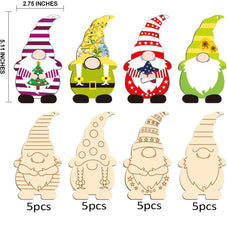 Set of wooden gnomes with various designs and colors, including measurements.