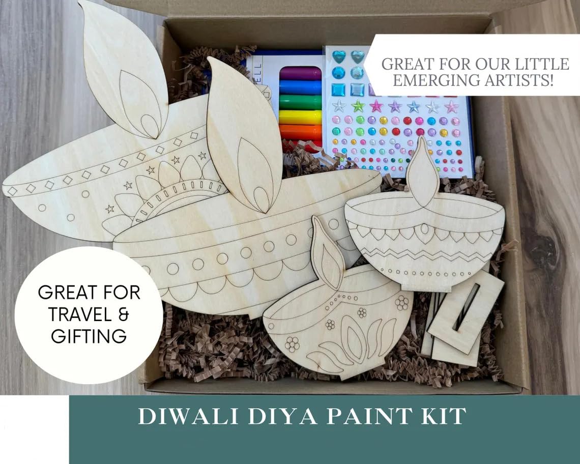 Diwali DIY paint kit with wooden shapes and paint supplies in a box, labeled 'Great for travel & gifting'.
