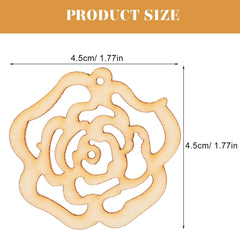 Wooden rose-shaped ornament with measurement details on a white background