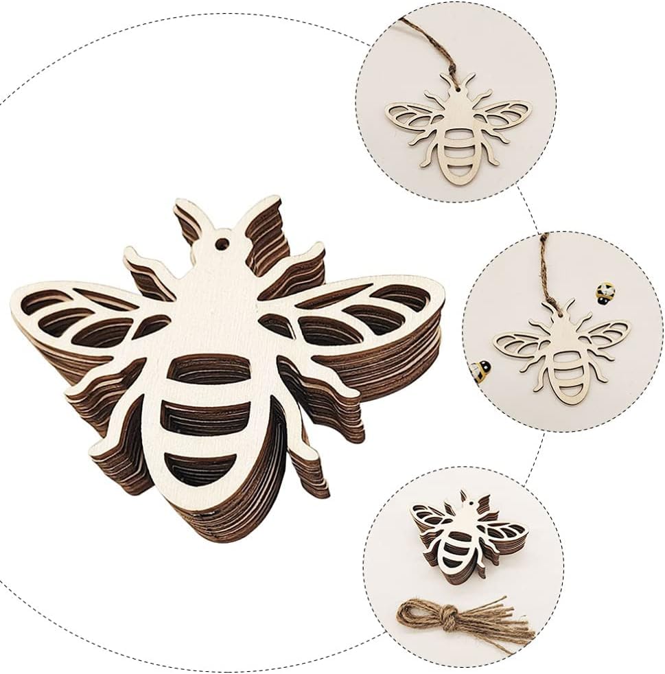Wooden bee-shaped decorations with intricate cut-out designs on a white background.