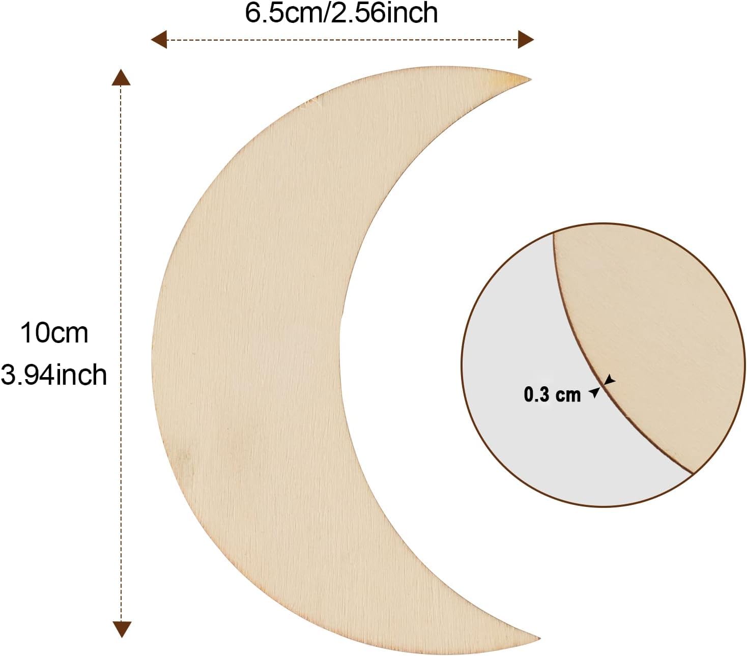 Wooden moon-shaped cutout with measurements on a white background