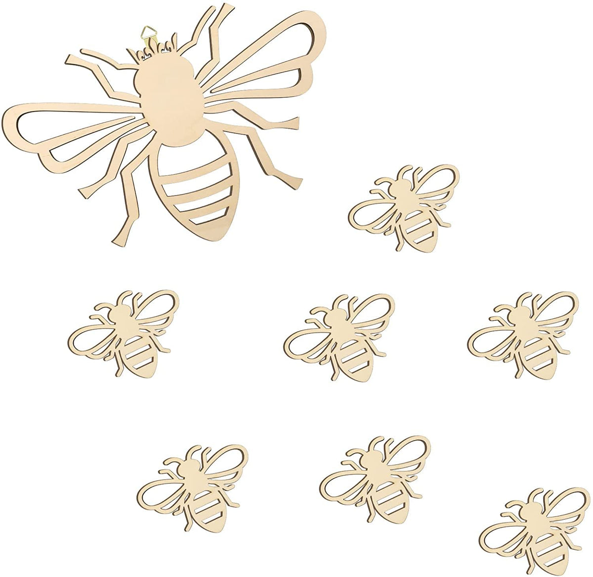 Set of gold bee-shaped decorations on a white background