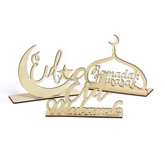 Cliths Set of 3 Eid Mubarak Table Decorations Wooden Ramadan Decor Moon Mosque Script Signs Islamic