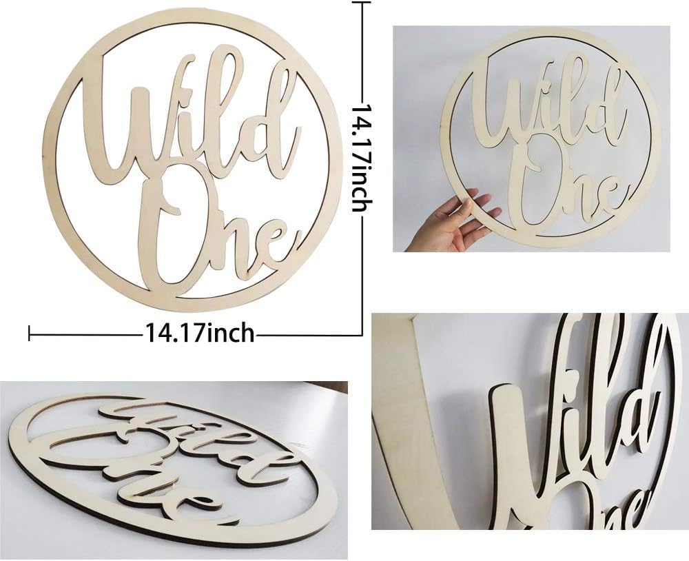 Wooden cutout with 'Wild One' text, shown from different angles with measurements.