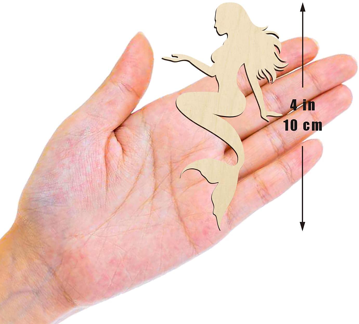 Wooden silhouette of a woman held in a hand with measurement details.