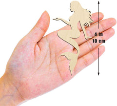 Wooden silhouette of a woman held in a hand with measurement details.