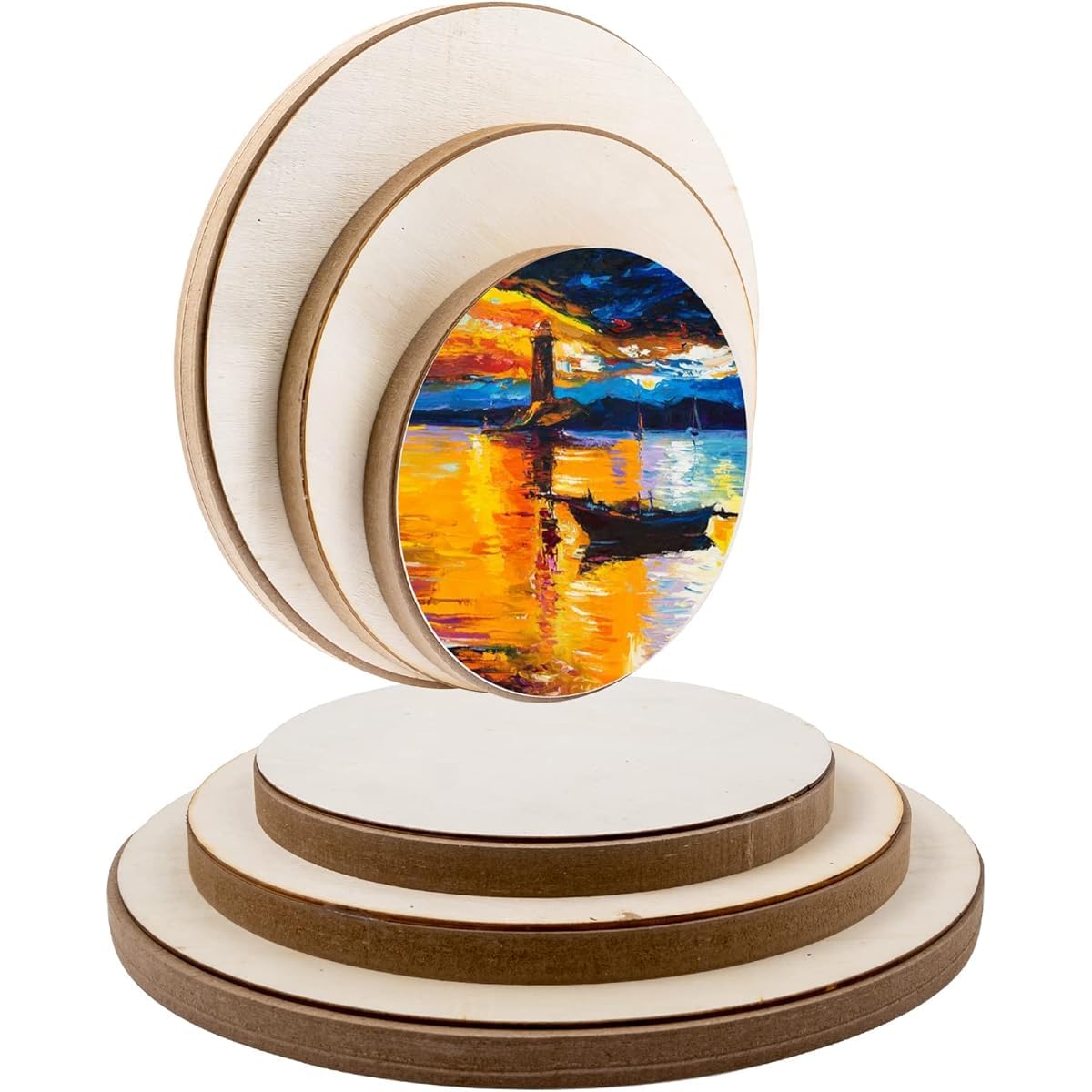 Set of round wooden coasters with a scenic design on a white background