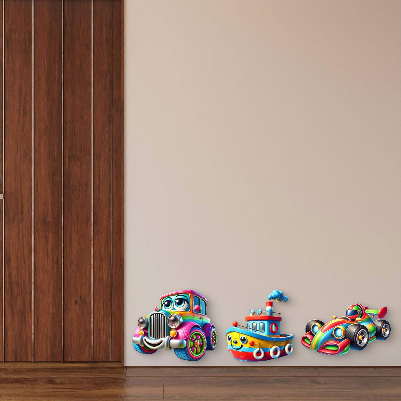 Colorful toy car, boat, and race car wall decors on a beige wall.