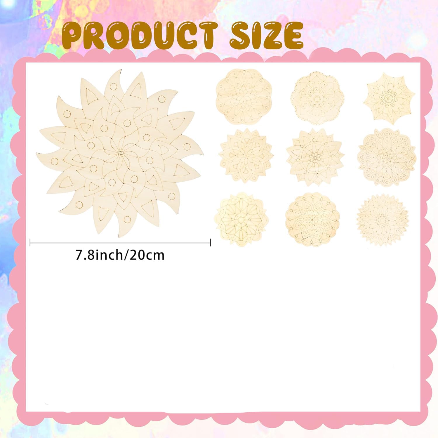 Product size chart with decorative elements on a colorful background