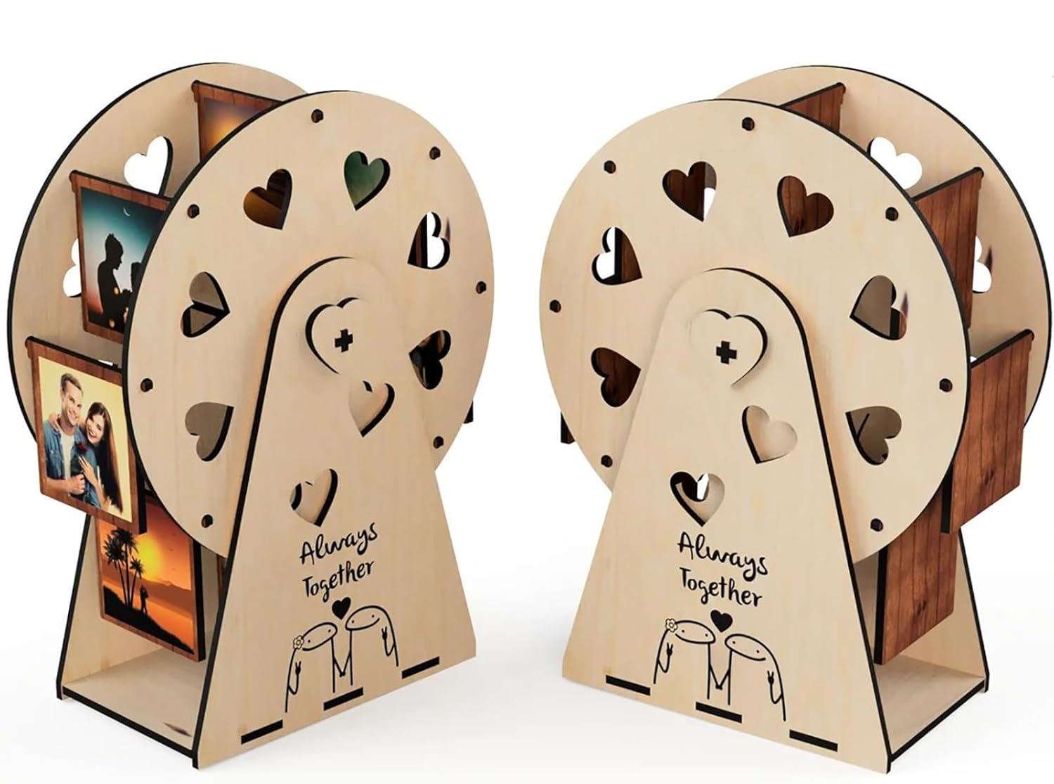Two wooden photo holders with cut-out shapes and 'Always Together' text on a white background