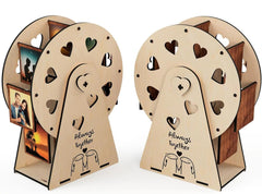 Two wooden photo holders with cut-out shapes and 'Always Together' text on a white background