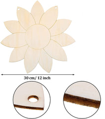 Wooden flower-shaped ornament with measurements on a white background