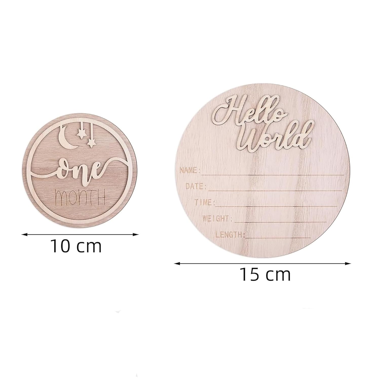 Two wooden circular plates with engraved text and measurements on a white background