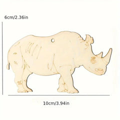 Wooden rhino model with measurements on a white background