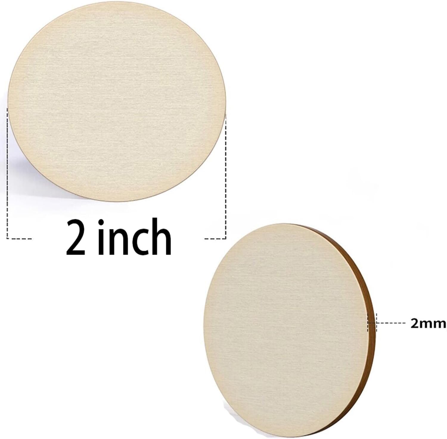Two round wooden coasters with measurements on a white background
