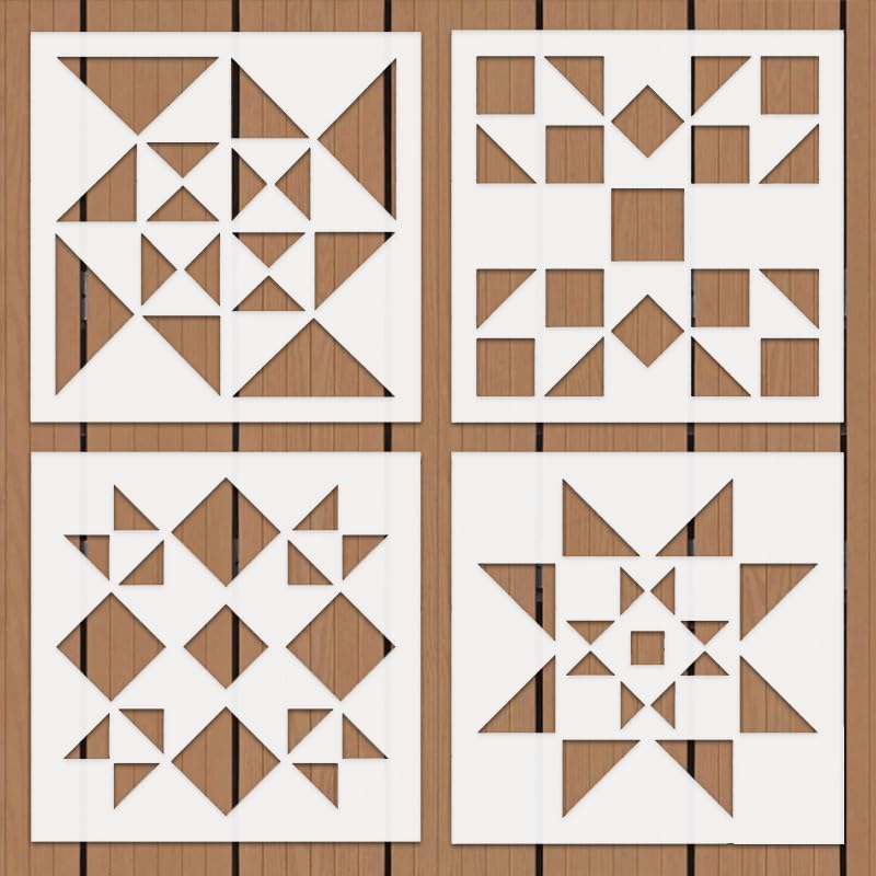 Four geometric pattern stencils on a wooden surface
