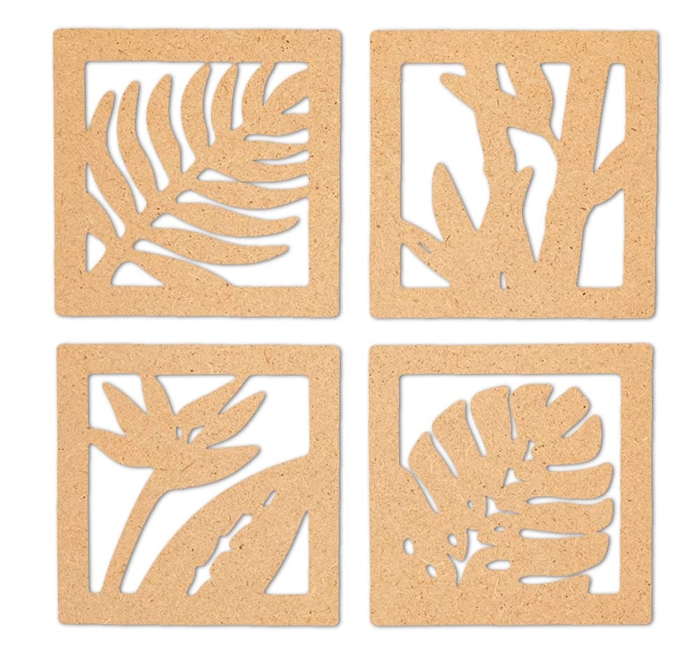 Four cork coasters with leaf cutouts on a white background