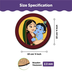 Circular product with cartoon characters and size specifications on a white background