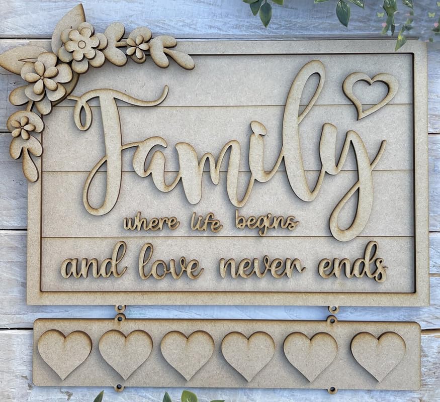 Decorative sign with 'Family where life begins and love never ends' text on a wooden background.