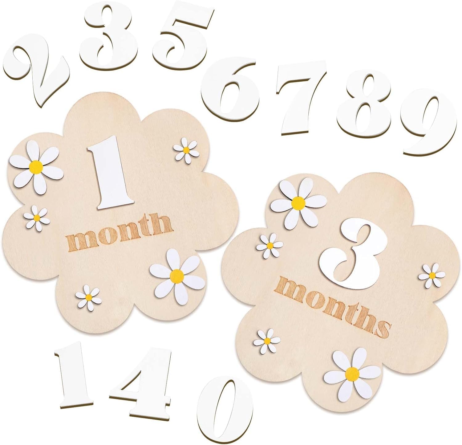 Wooden baby milestone cards with flowers and numbers on a white background