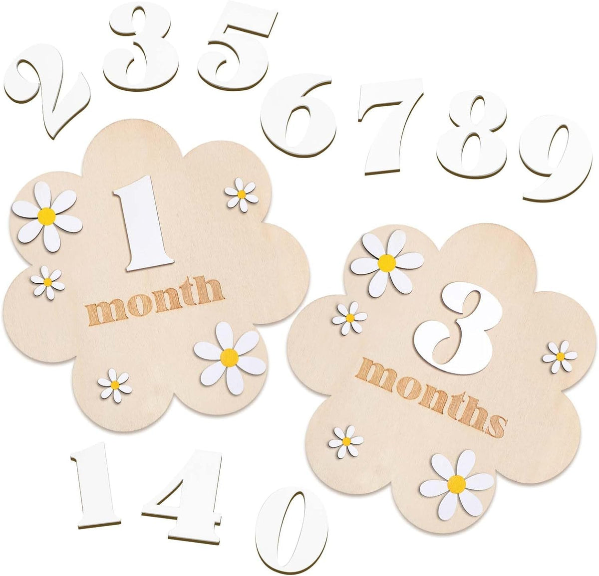 Wooden baby milestone cards with flowers and numbers on a white background