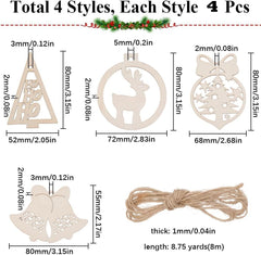 Set of Christmas-themed wooden ornaments with measurements and a string.