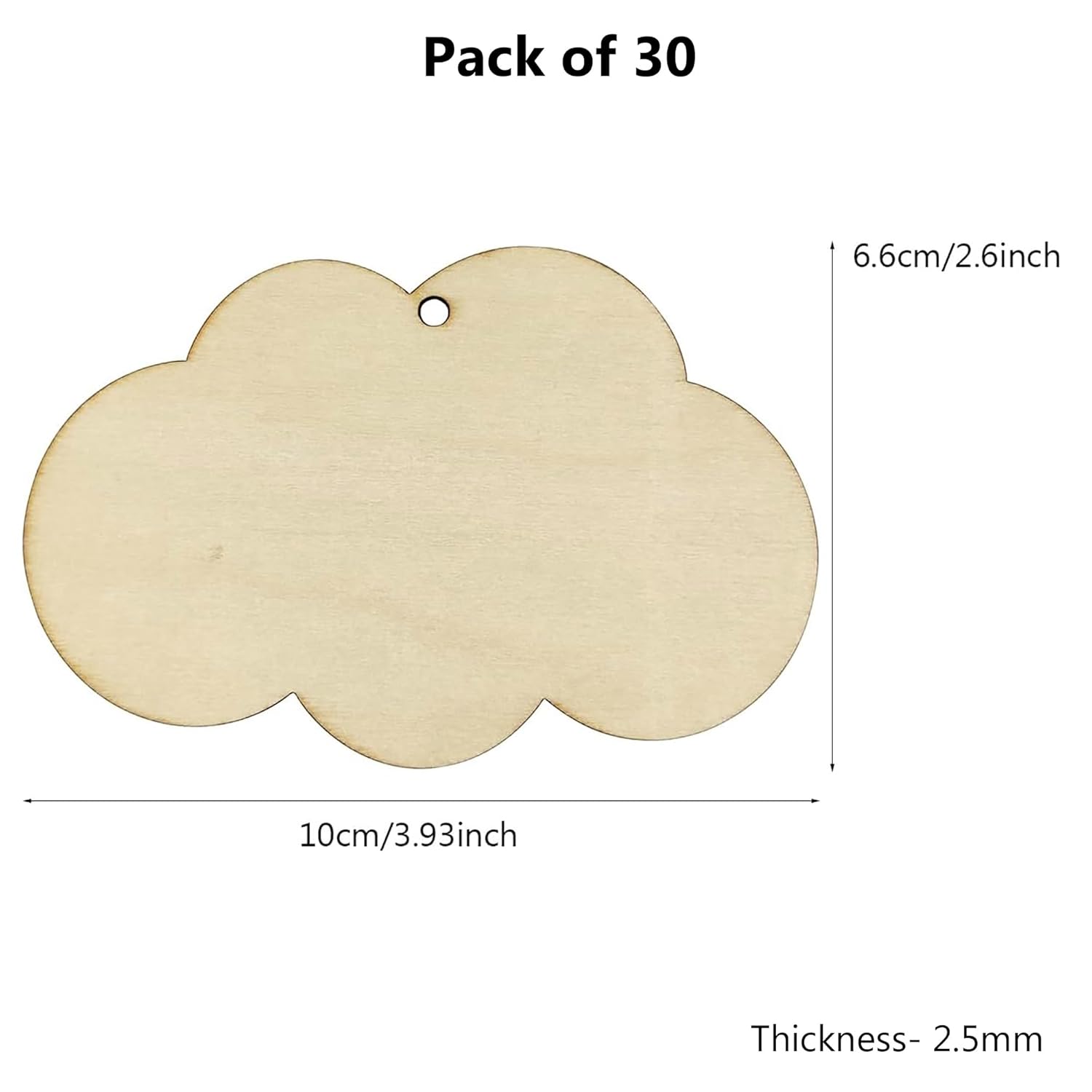 Cloud-shaped wooden cutout with dimensions on a white background