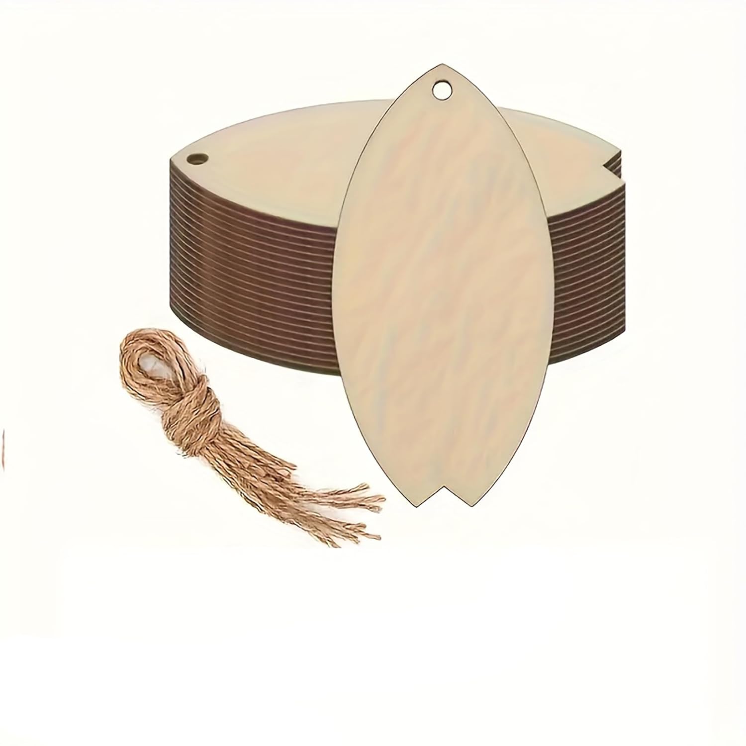 Wooden leaf-shaped cutouts with twine on a white background