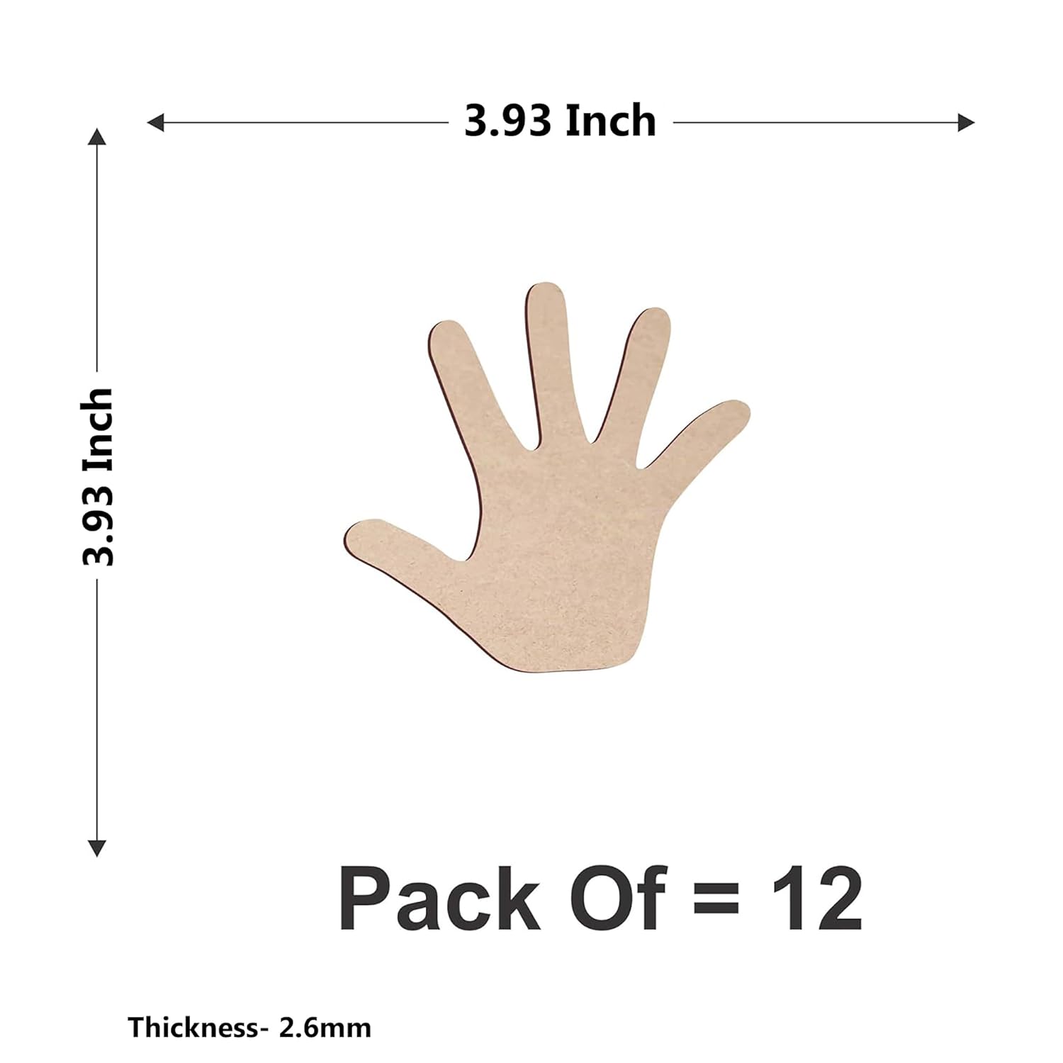 Measurement chart of a wooden hand-shaped cutout with dimensions and pack quantity on a white background.