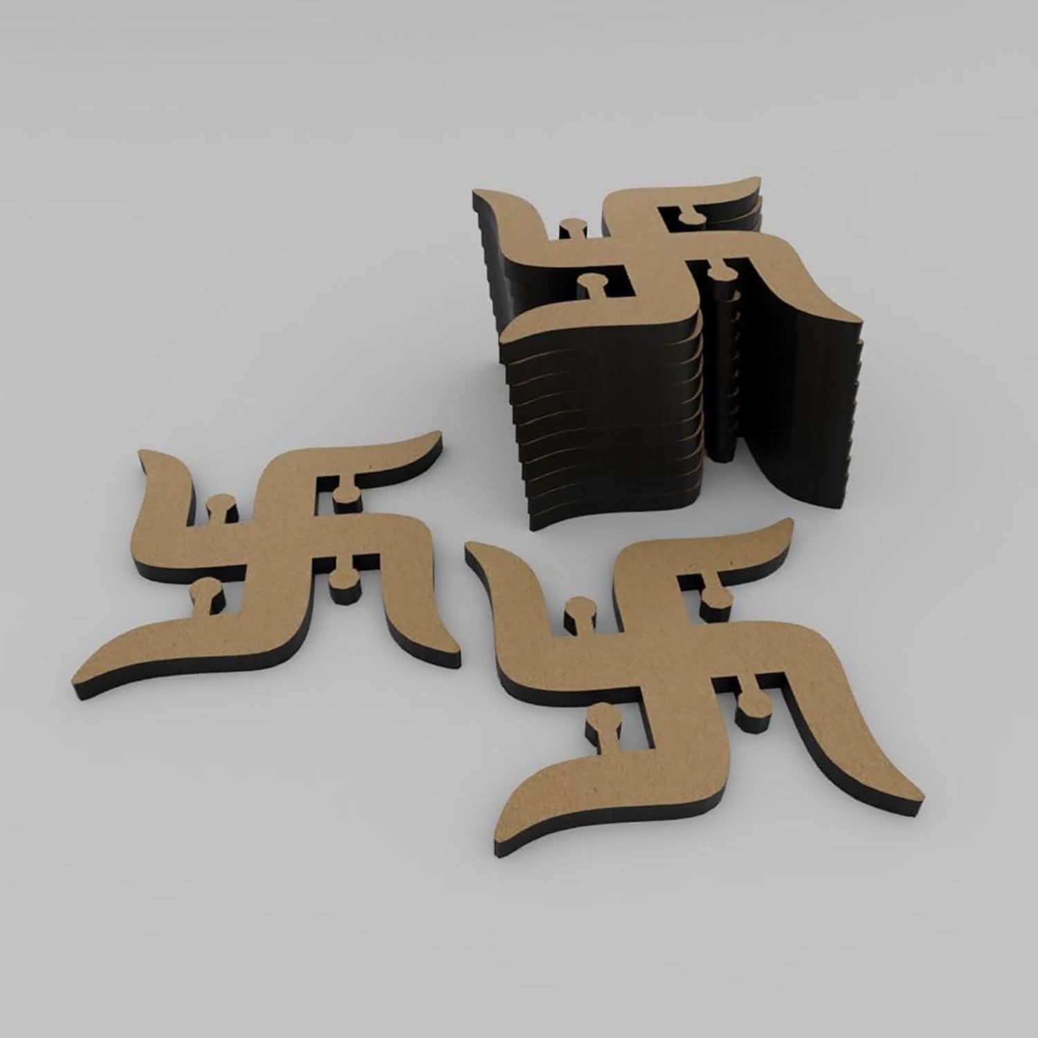 Wooden swastika symbols on a white background