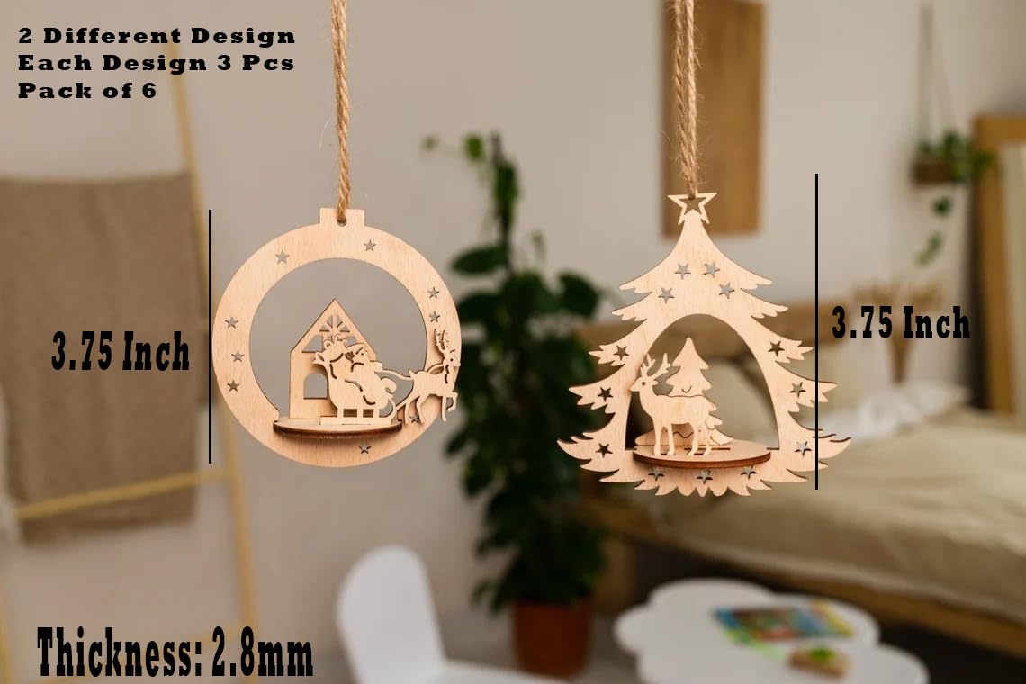 Wooden Christmas tree and nativity scene decorations with measurements in a room setting.