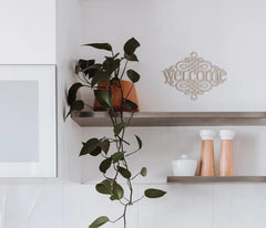 Potted plant in a kitchen with decorative 'welcome' sign on the wall.