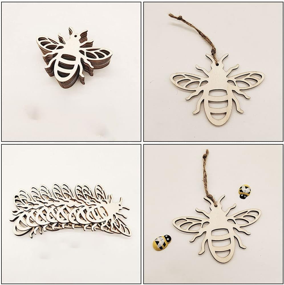 Collage of wooden bee-shaped decorations on a white background
