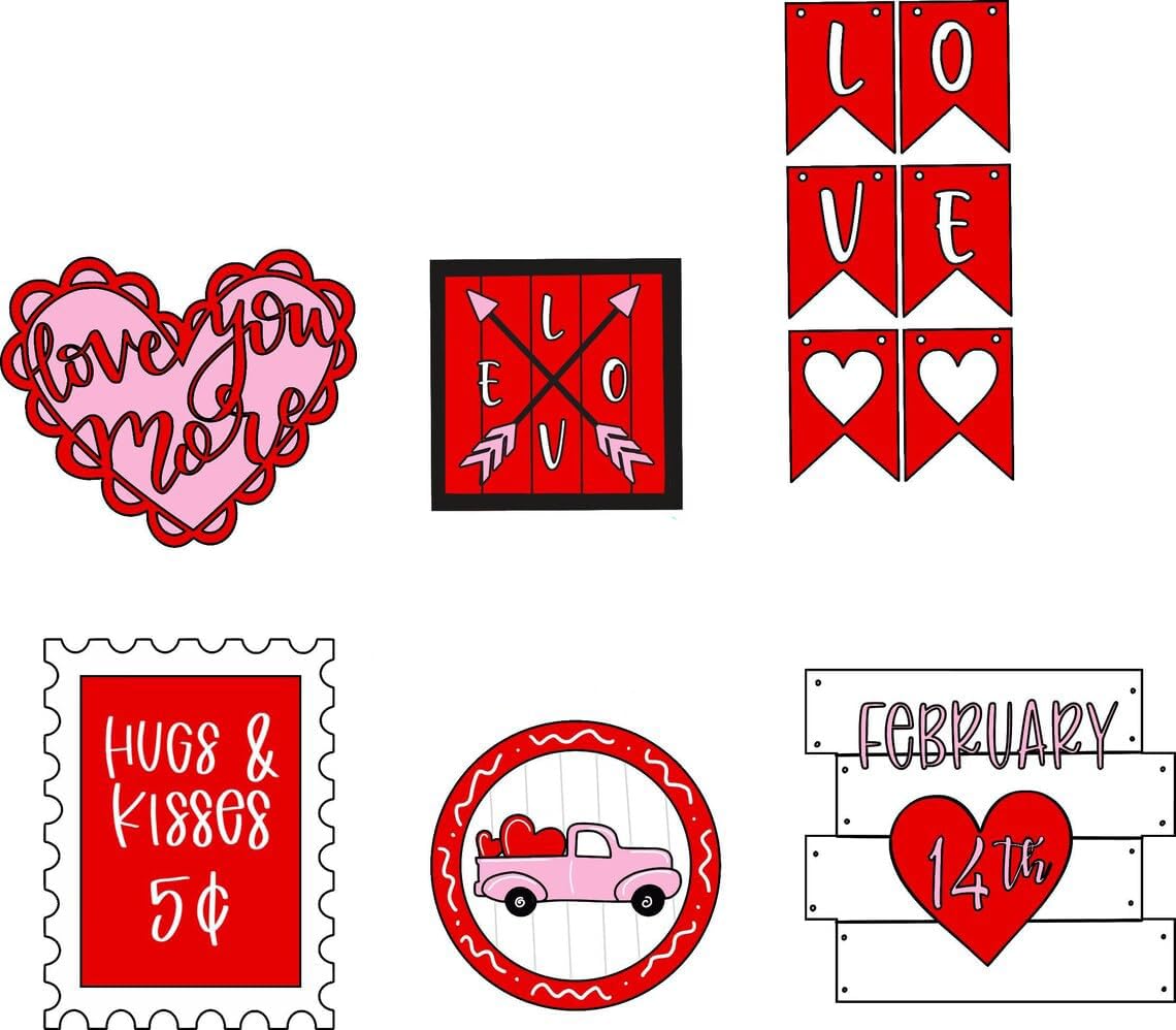 Collection of Valentine's Day-themed graphics including hearts, stamps, and text on a white background.
