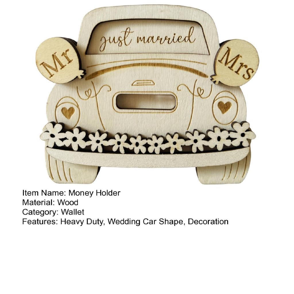 Wooden money holder shaped like a wedding car with 'just married' and 'Mr' & 'Mrs' signs.