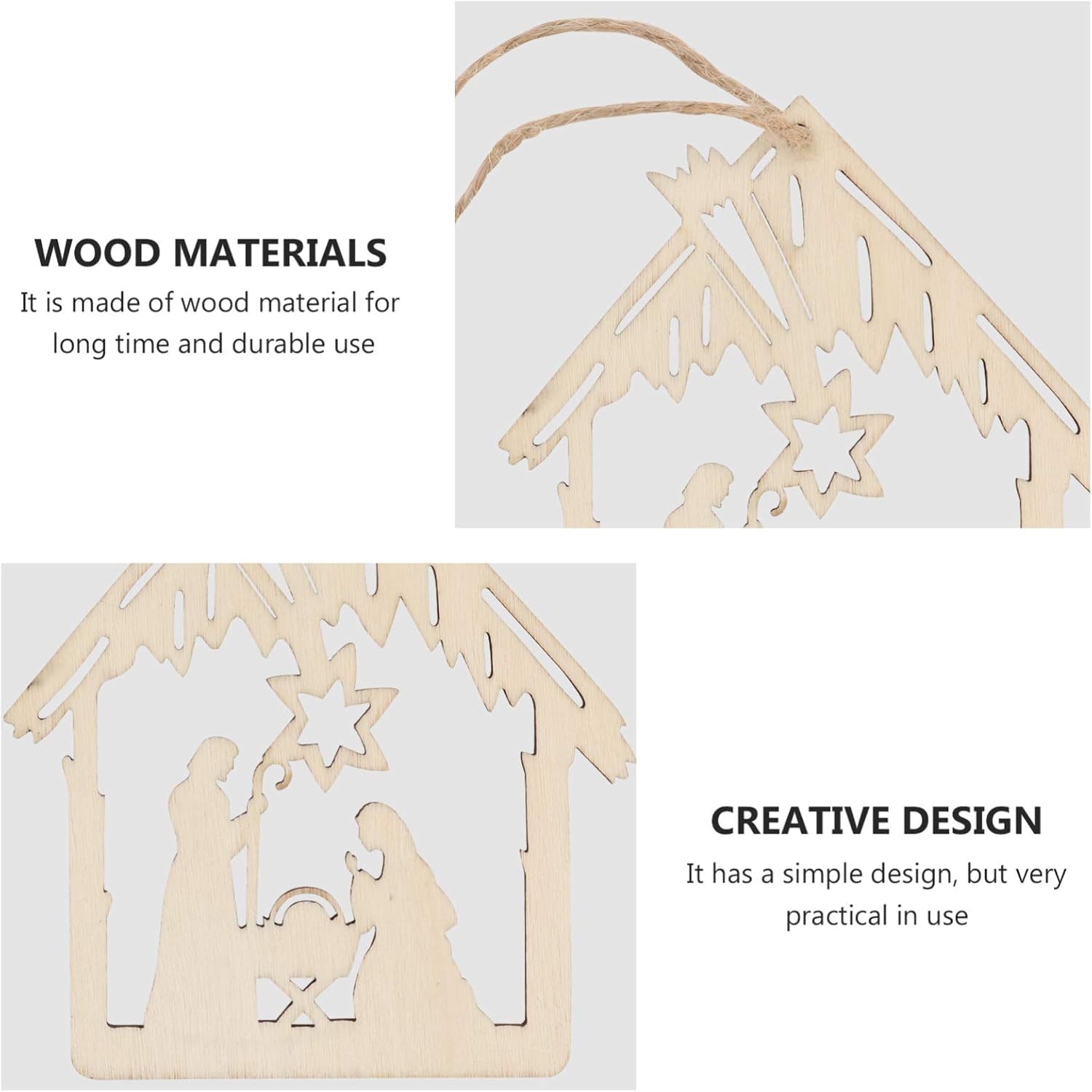 Wooden nativity scene cutout with text highlighting wood material and creative design.