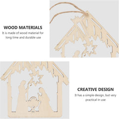 Wooden nativity scene cutout with text highlighting wood material and creative design.