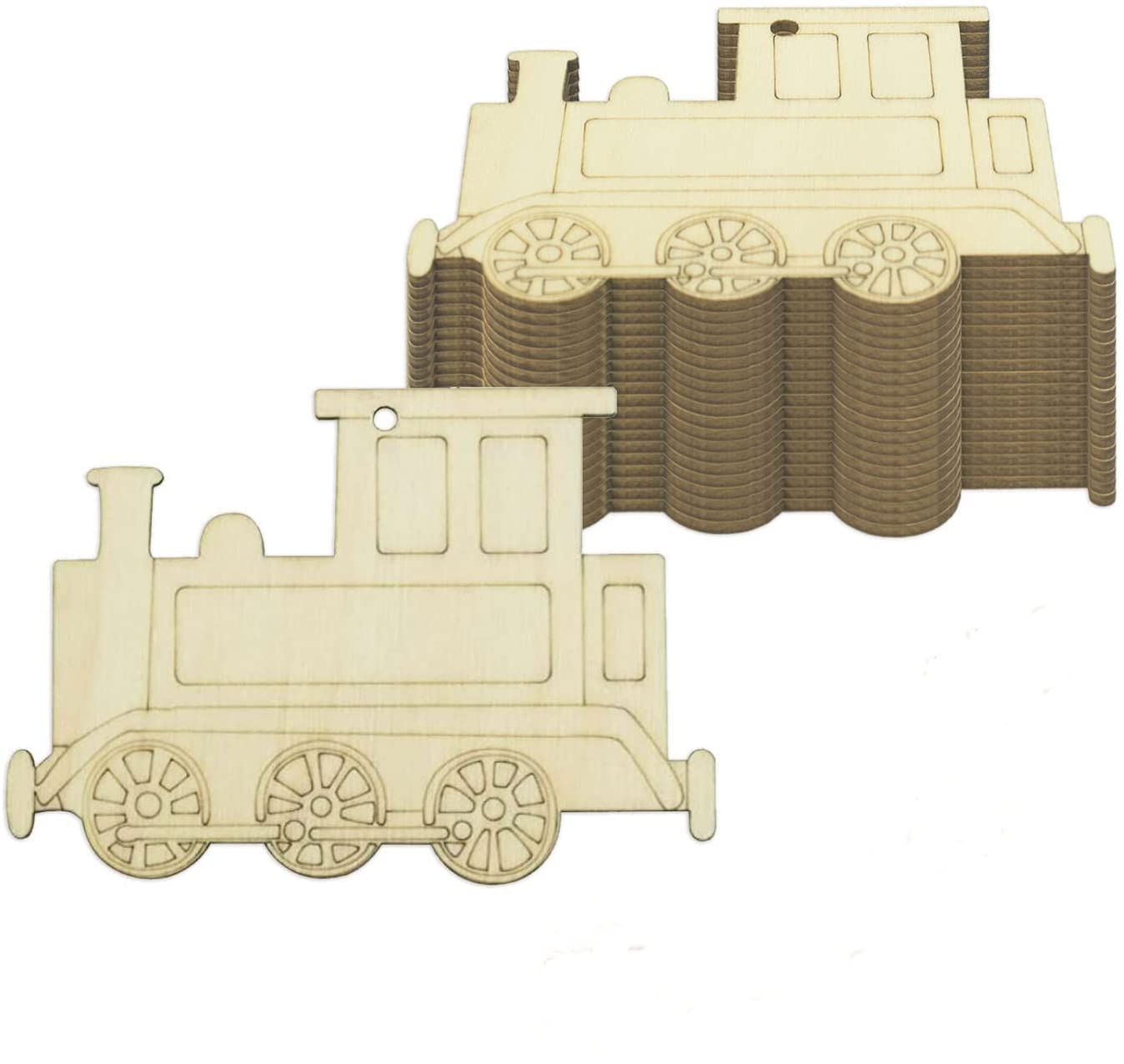 Wooden toy train models on a white background
