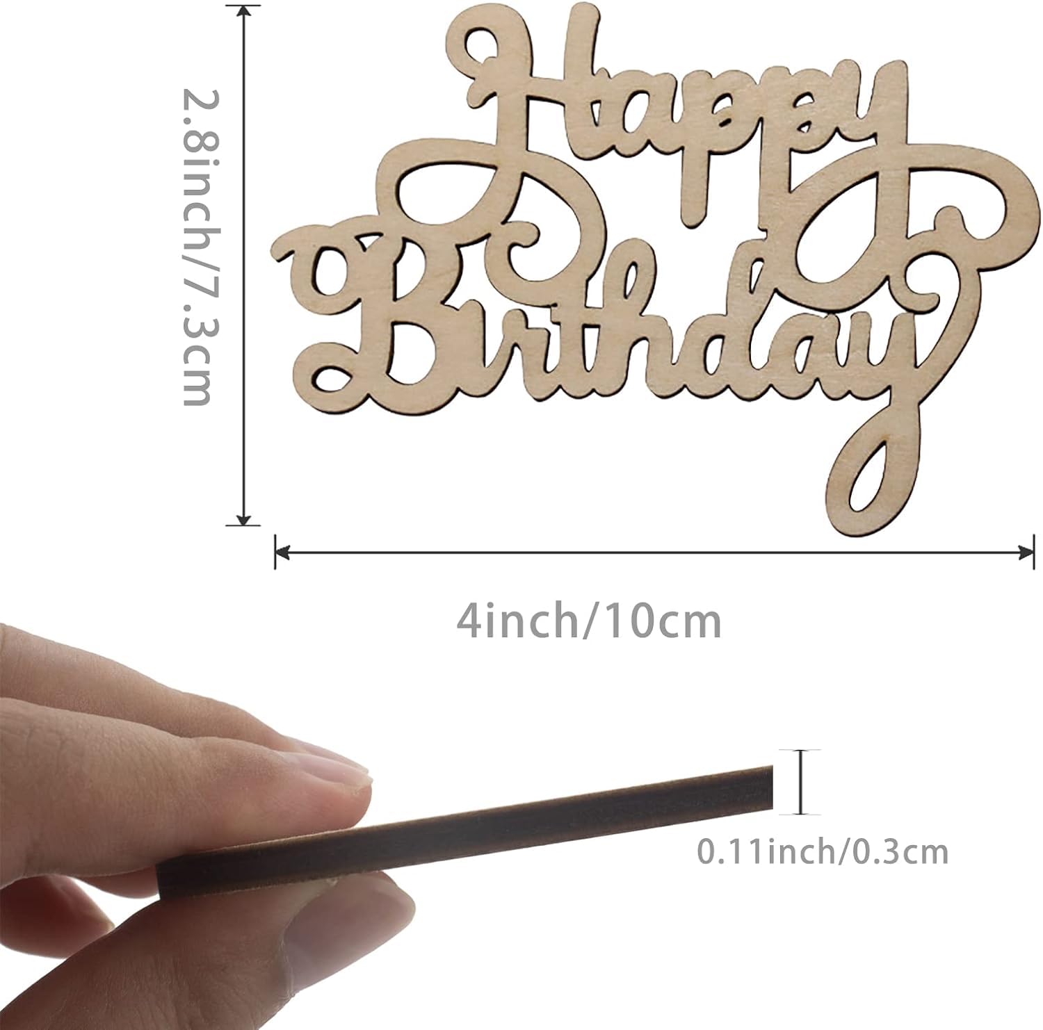 Wooden 'Happy Birthday' decoration with measurements on a white background