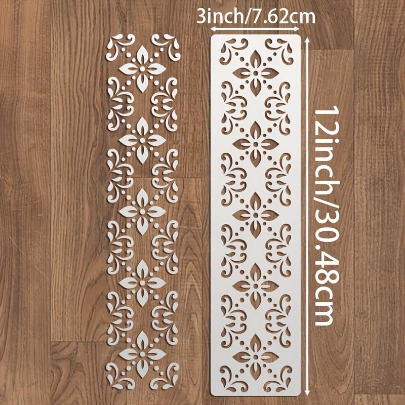 Decorative metal stencil with floral patterns on a wooden surface, showing measurements.